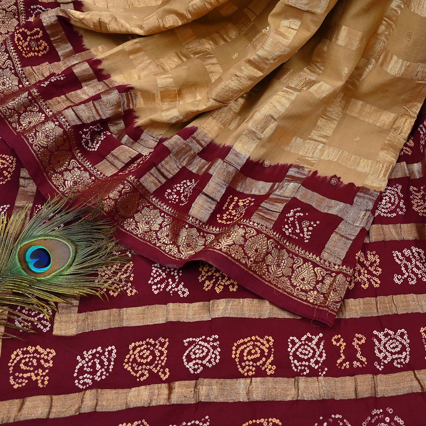 Indian Vintage Sari Beige & Maroon Pure Cotton Hand woven Bandhani Gharchola Sarees Ethnic Zardozi/Dabka Zari Wedding Saree
