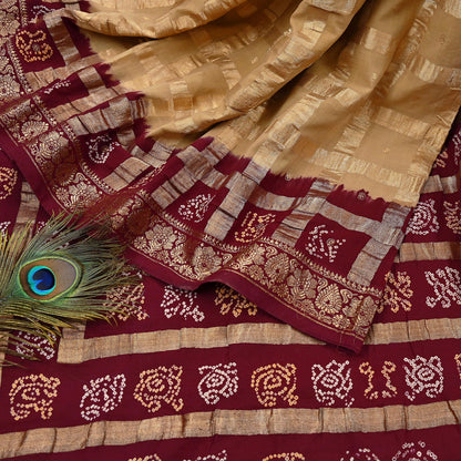 Indian Vintage Sari Beige & Maroon Pure Cotton Hand woven Bandhani Gharchola Sarees Ethnic Zardozi/Dabka Zari Wedding Saree