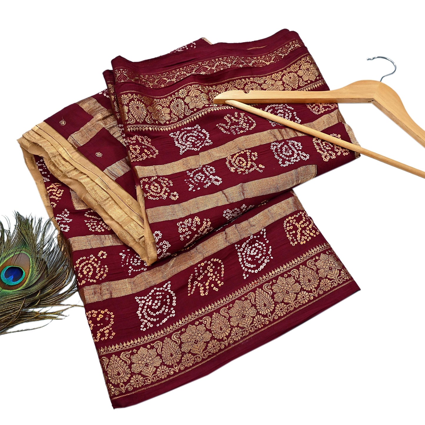 Indian Vintage Sari Beige & Maroon Pure Cotton Hand woven Bandhani Gharchola Sarees Ethnic Zardozi/Dabka Zari Wedding Saree