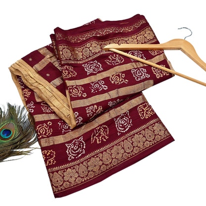 Indian Vintage Sari Beige & Maroon Pure Cotton Hand woven Bandhani Gharchola Sarees Ethnic Zardozi/Dabka Zari Wedding Saree