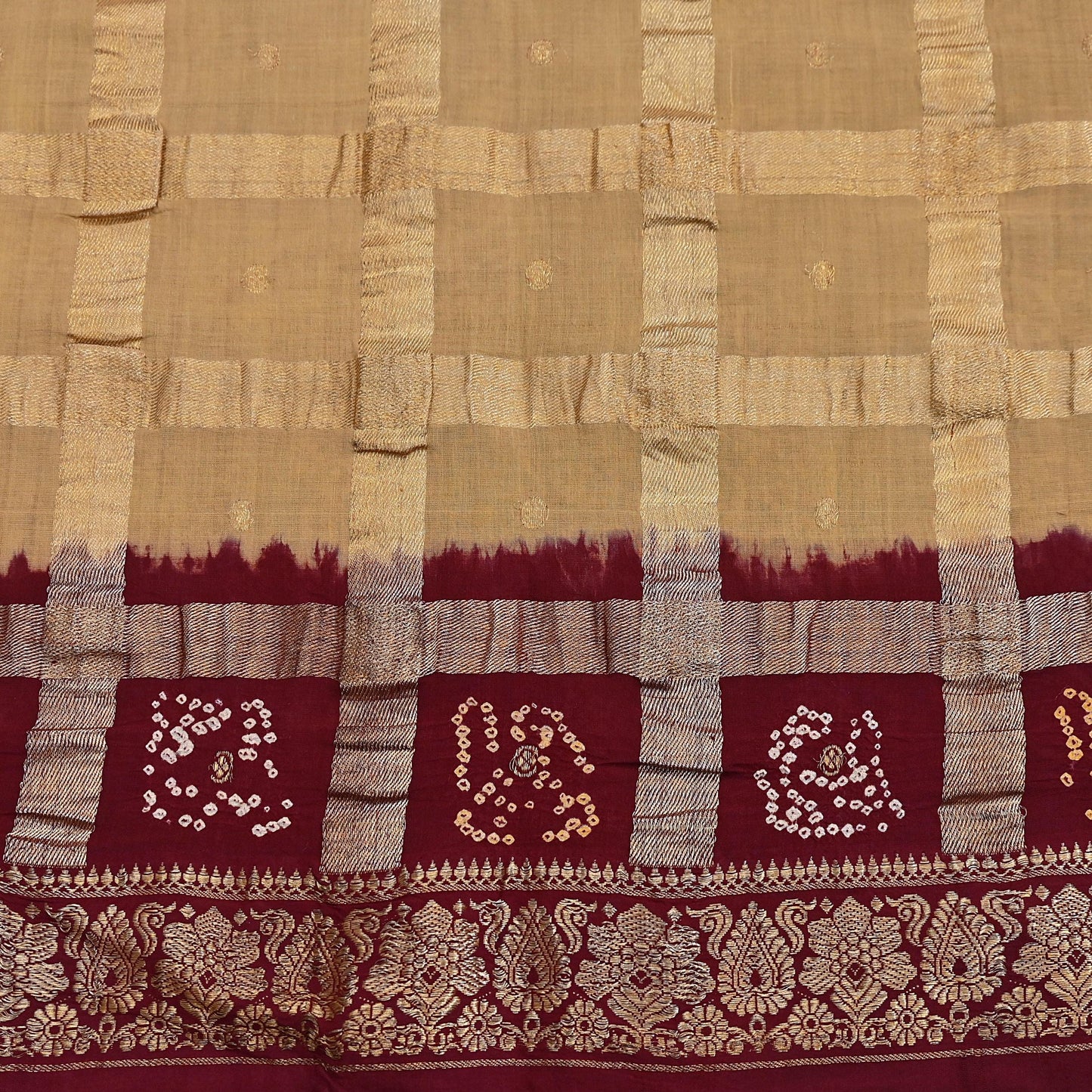 Indian Vintage Sari Beige & Maroon Pure Cotton Hand woven Bandhani Gharchola Sarees Ethnic Zardozi/Dabka Zari Wedding Saree