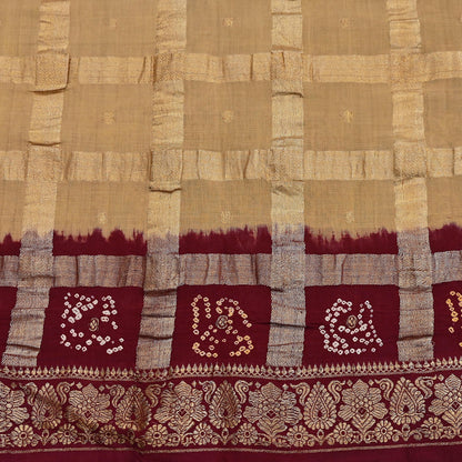 Indian Vintage Sari Beige & Maroon Pure Cotton Hand woven Bandhani Gharchola Sarees Ethnic Zardozi/Dabka Zari Wedding Saree