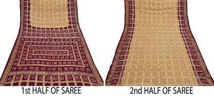 Indian Vintage Sari Beige & Maroon Pure Cotton Hand woven Bandhani Gharchola Sarees Ethnic Zardozi/Dabka Zari Wedding Saree