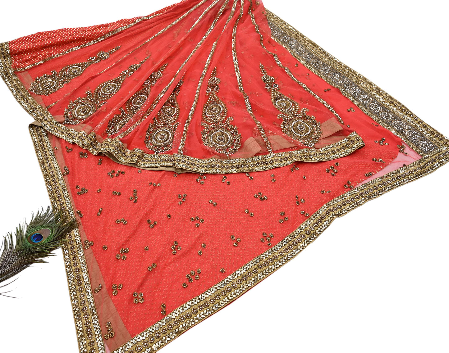Indian Vintage Sari Orange pure georgette silk Hand Embroidered Designer Sabyasachi Lehenga Sarees Ethnic Wedding Sarees 6yd