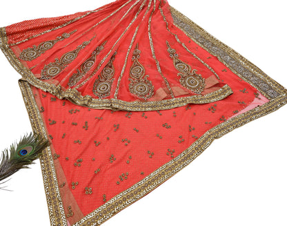 Indian Vintage Sari Orange pure georgette silk Hand Embroidered Designer Sabyasachi Lehenga Sarees Ethnic Wedding Sarees 6yd