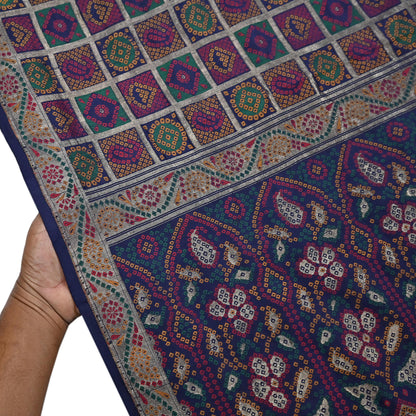 Indian Vintage Sari Blue Heavy Wedding Pure Silk Hand Woven Gharchola Bandhani Sarees Zari 5Yd Craft Fabric Dress Making Crafting