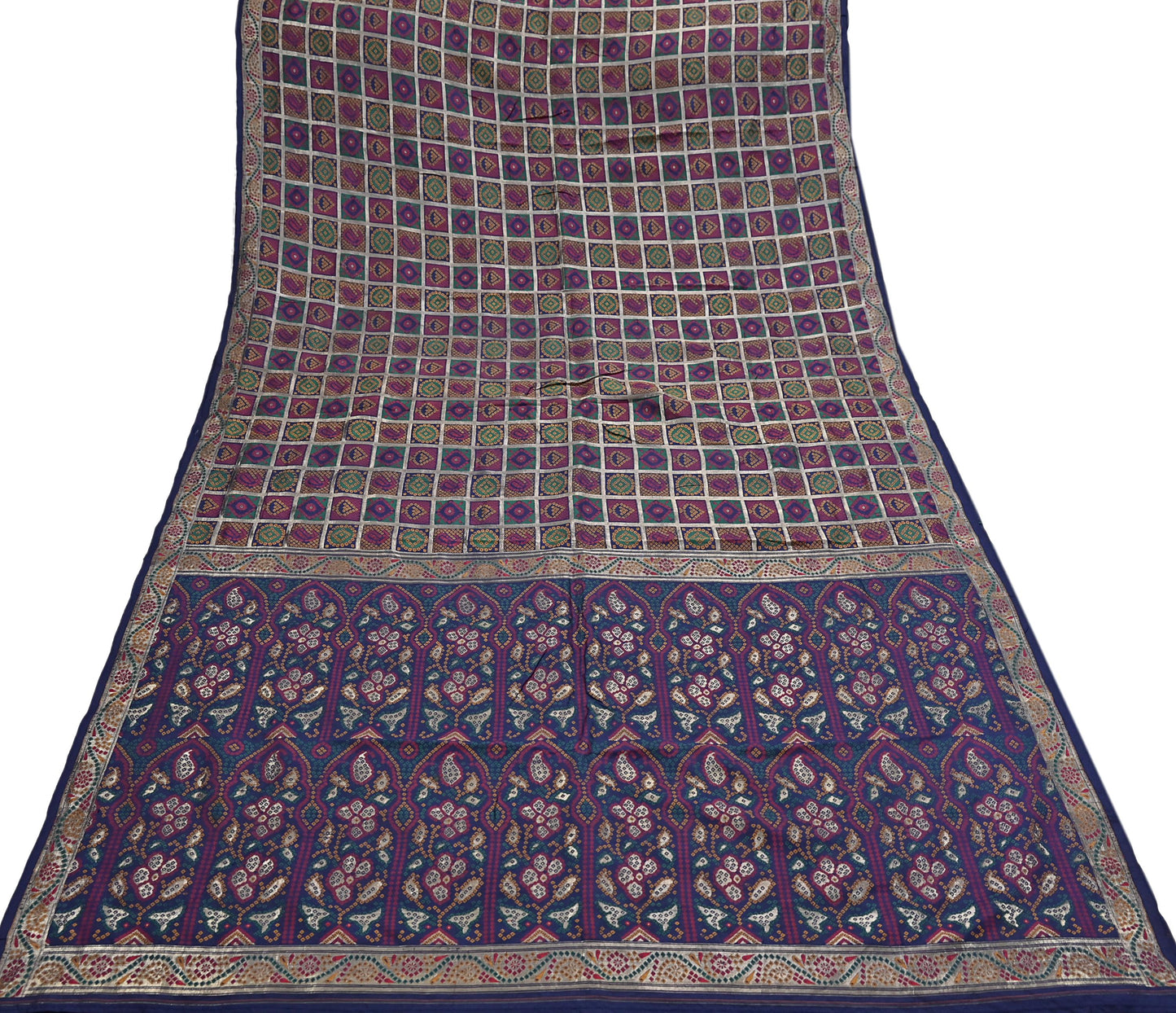 Indian Vintage Sari Blue Heavy Wedding Pure Silk Hand Woven Gharchola Bandhani Sarees Zari 5Yd Craft Fabric Dress Making Crafting