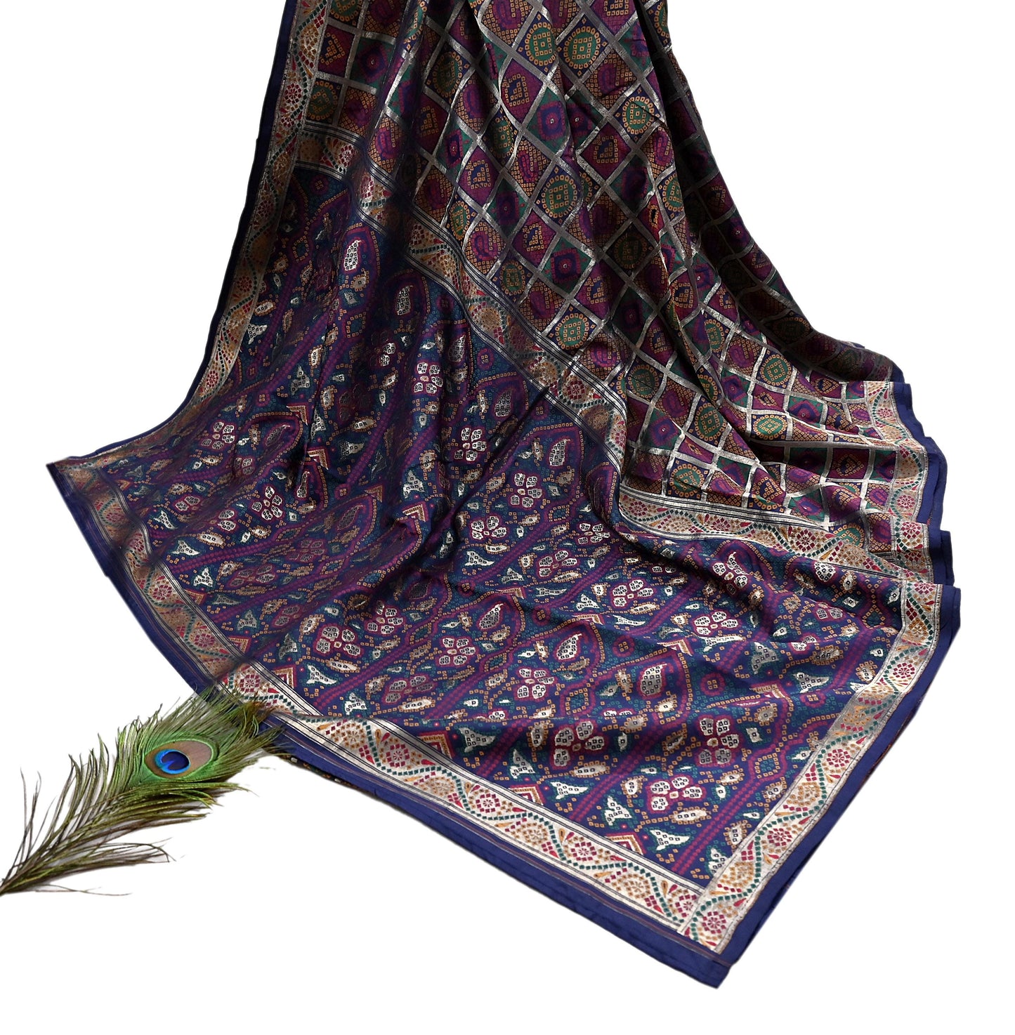 Indian Vintage Sari Blue Heavy Wedding Pure Silk Hand Woven Gharchola Bandhani Sarees Zari 5Yd Craft Fabric Dress Making Crafting