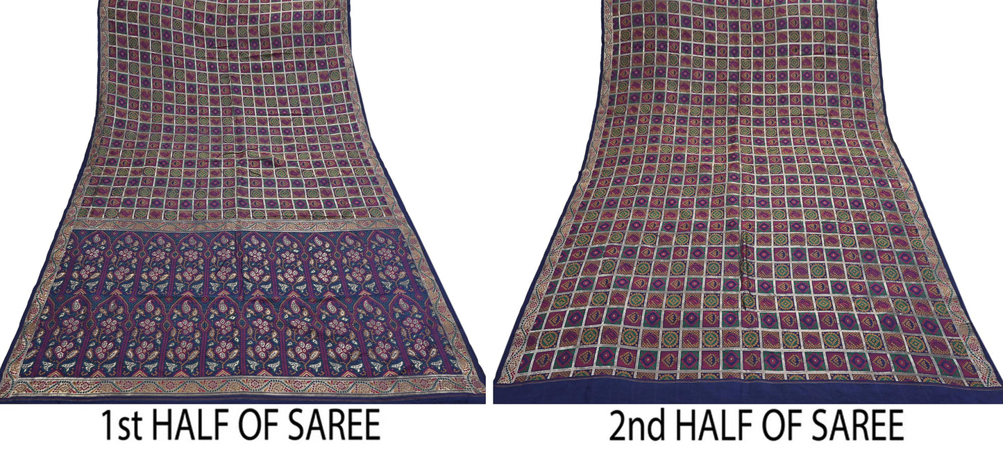 Indian Vintage Sari Blue Heavy Wedding Pure Silk Hand Woven Gharchola Bandhani Sarees Zari 5Yd Craft Fabric Dress Making Crafting