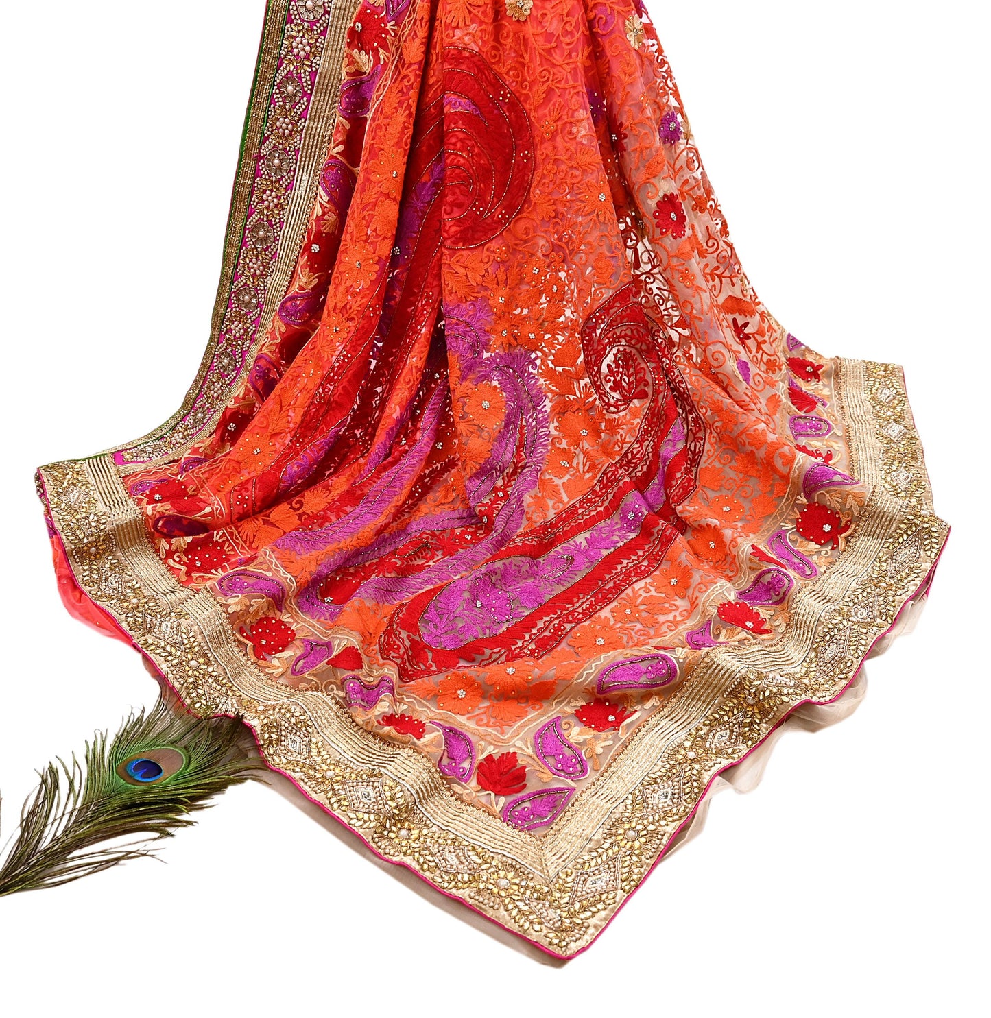 Indian Vintage Sari White & Orange Net/Mesh Hand Embroidered Designer Manish Malhotra Sarees 5Yd Ethnic Zardozi/Dabka Zari Wedding Saree