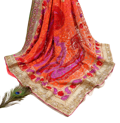 Indian Vintage Sari White & Orange Net/Mesh Hand Embroidered Designer Manish Malhotra Sarees 5Yd Ethnic Zardozi/Dabka Zari Wedding Saree