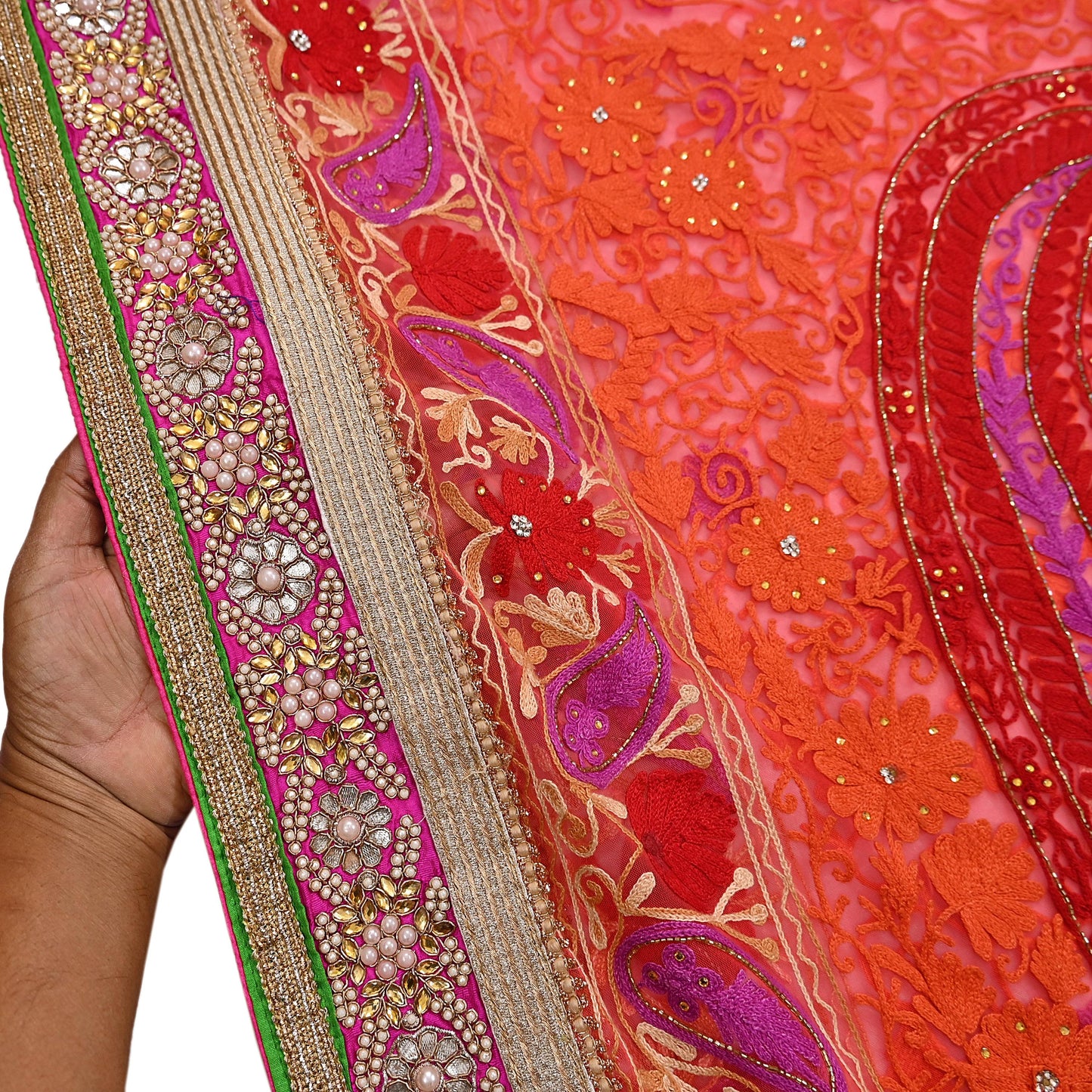 Indian Vintage Sari White & Orange Net/Mesh Hand Embroidered Designer Manish Malhotra Sarees 5Yd Ethnic Zardozi/Dabka Zari Wedding Saree