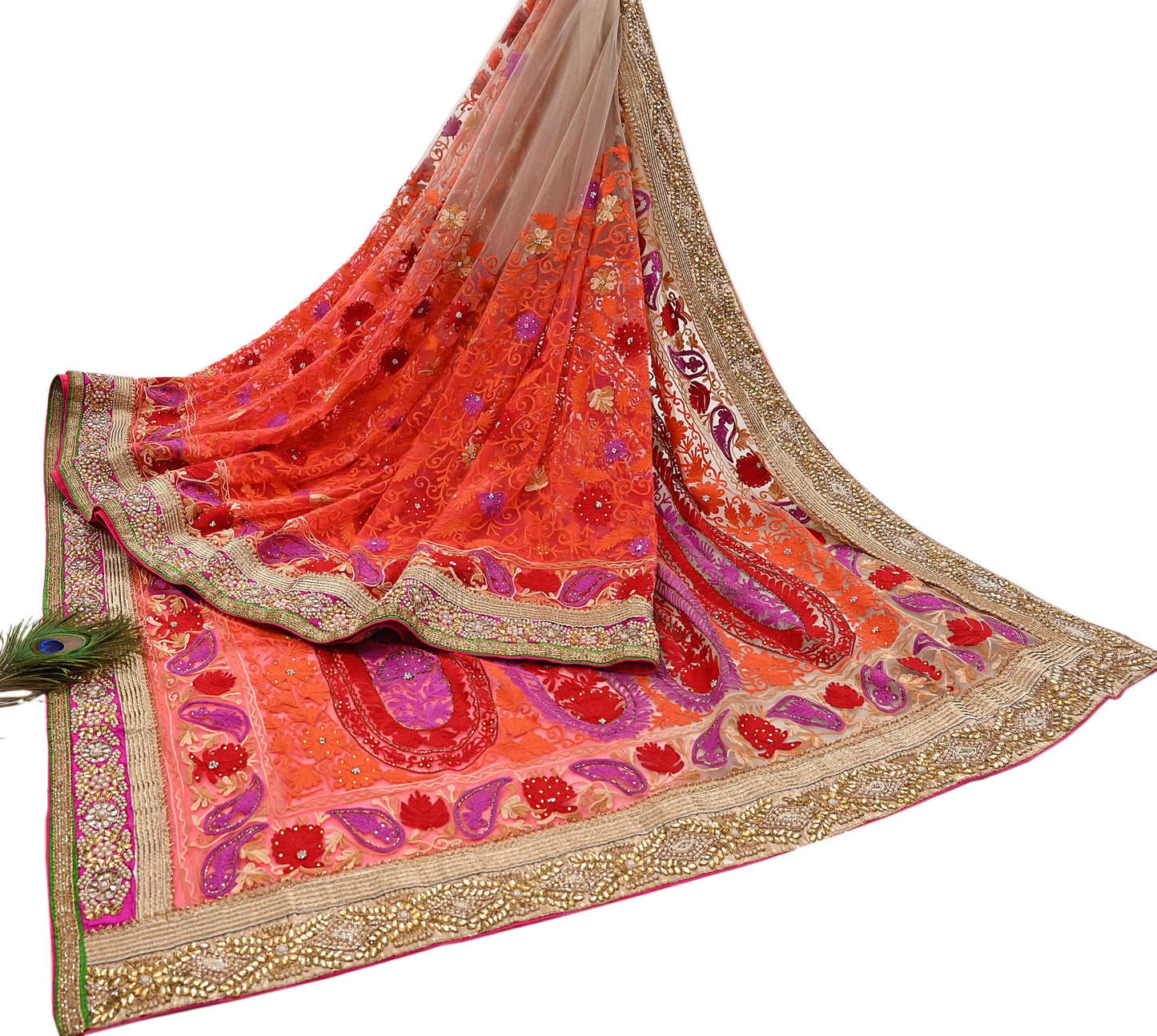 Indian Vintage Sari White & Orange Net/Mesh Hand Embroidered Designer Manish Malhotra Sarees 5Yd Ethnic Zardozi/Dabka Zari Wedding Saree