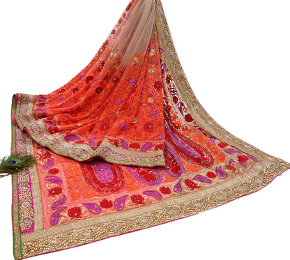 Indian Vintage Sari White & Orange Net/Mesh Hand Embroidered Designer Manish Malhotra Sarees 5Yd Ethnic Zardozi/Dabka Zari Wedding Saree