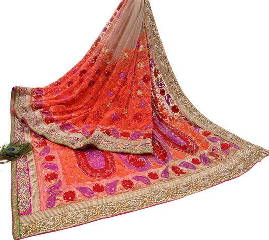 Indian Vintage Sari White & Orange Net/Mesh Hand Embroidered Designer Manish Malhotra Sarees 5Yd Ethnic Zardozi/Dabka Zari Wedding Saree