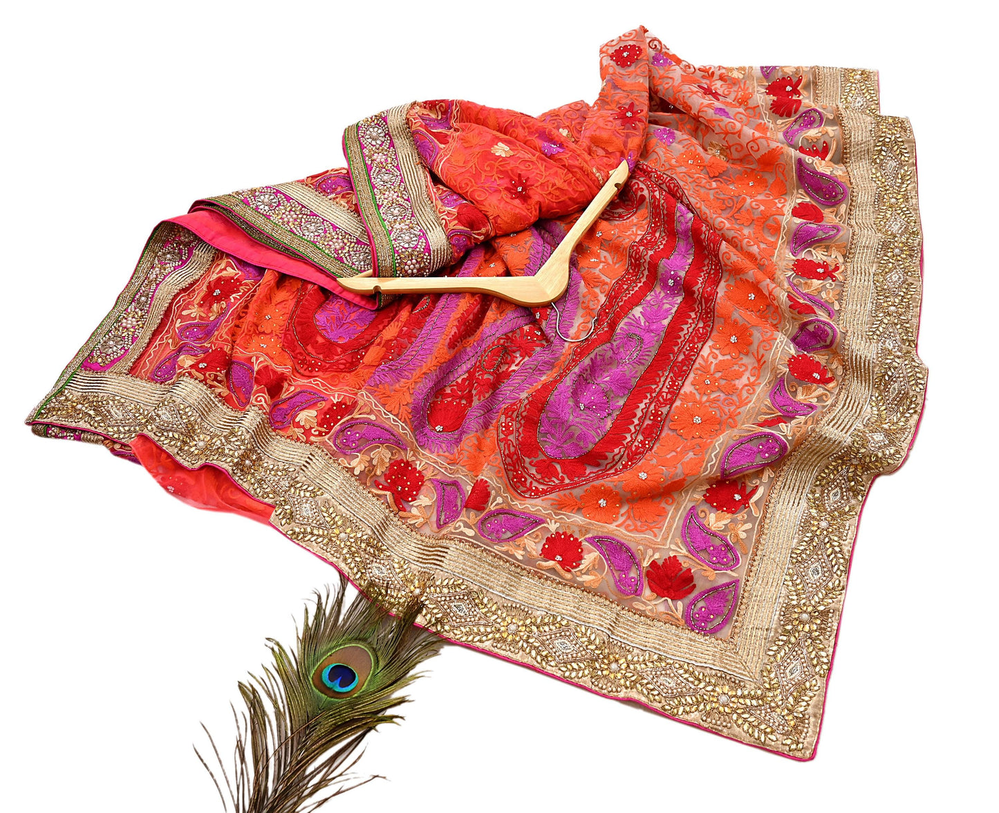 Indian Vintage Sari White & Orange Net/Mesh Hand Embroidered Designer Manish Malhotra Sarees 5Yd Ethnic Zardozi/Dabka Zari Wedding Saree