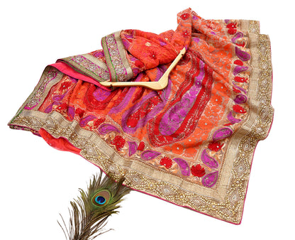 Indian Vintage Sari White & Orange Net/Mesh Hand Embroidered Designer Manish Malhotra Sarees 5Yd Ethnic Zardozi/Dabka Zari Wedding Saree