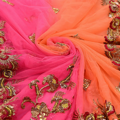 Indian Vintage Sari Pink & Orange Net/Mesh Hand Embroidered Designer Manish Malhotra Sarees 5Yd Ethnic Zardozi/Dabka Zari Wedding Saree