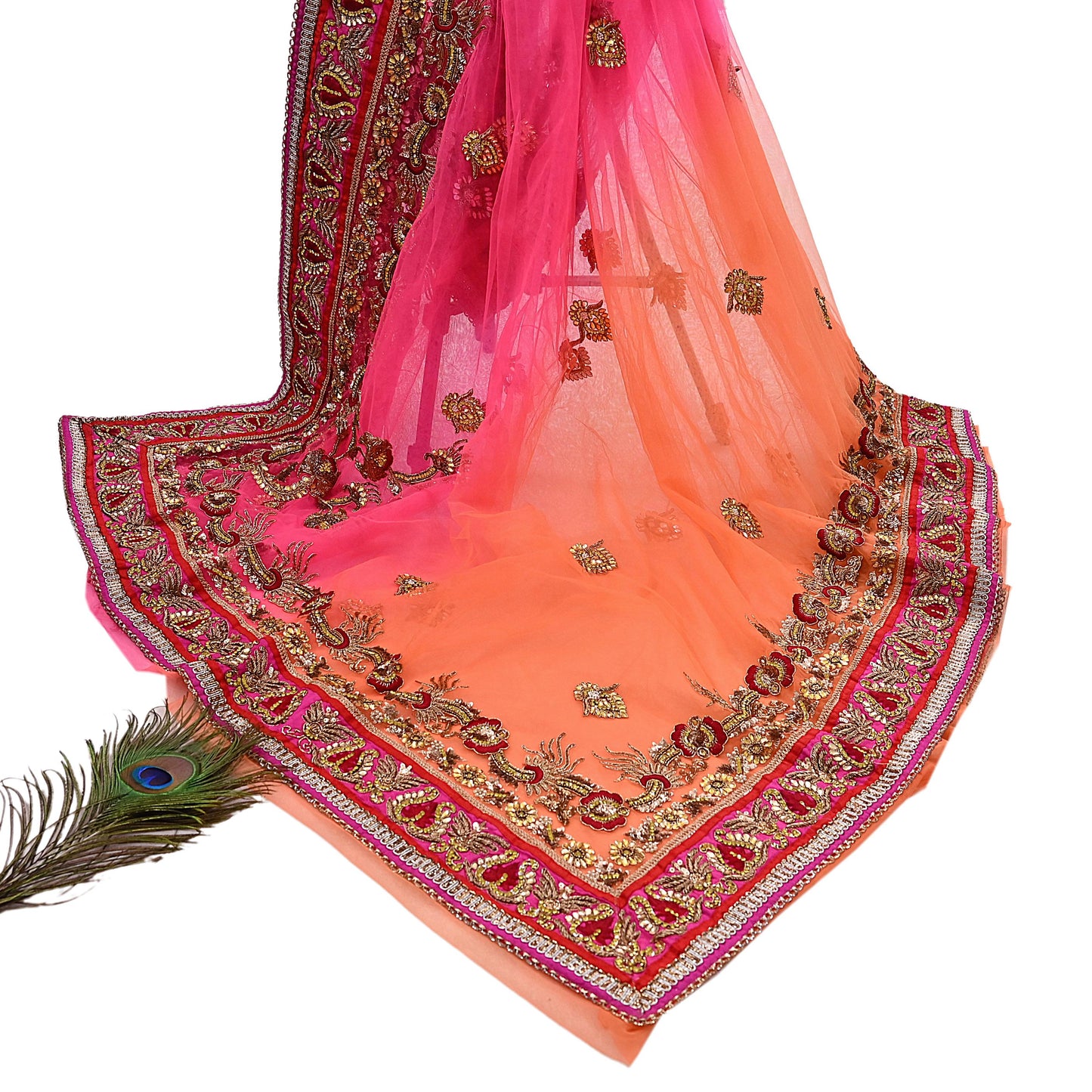 Indian Vintage Sari Pink & Orange Net/Mesh Hand Embroidered Designer Manish Malhotra Sarees 5Yd Ethnic Zardozi/Dabka Zari Wedding Saree