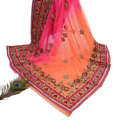 Indian Vintage Sari Pink & Orange Net/Mesh Hand Embroidered Designer Manish Malhotra Sarees 5Yd Ethnic Zardozi/Dabka Zari Wedding Saree