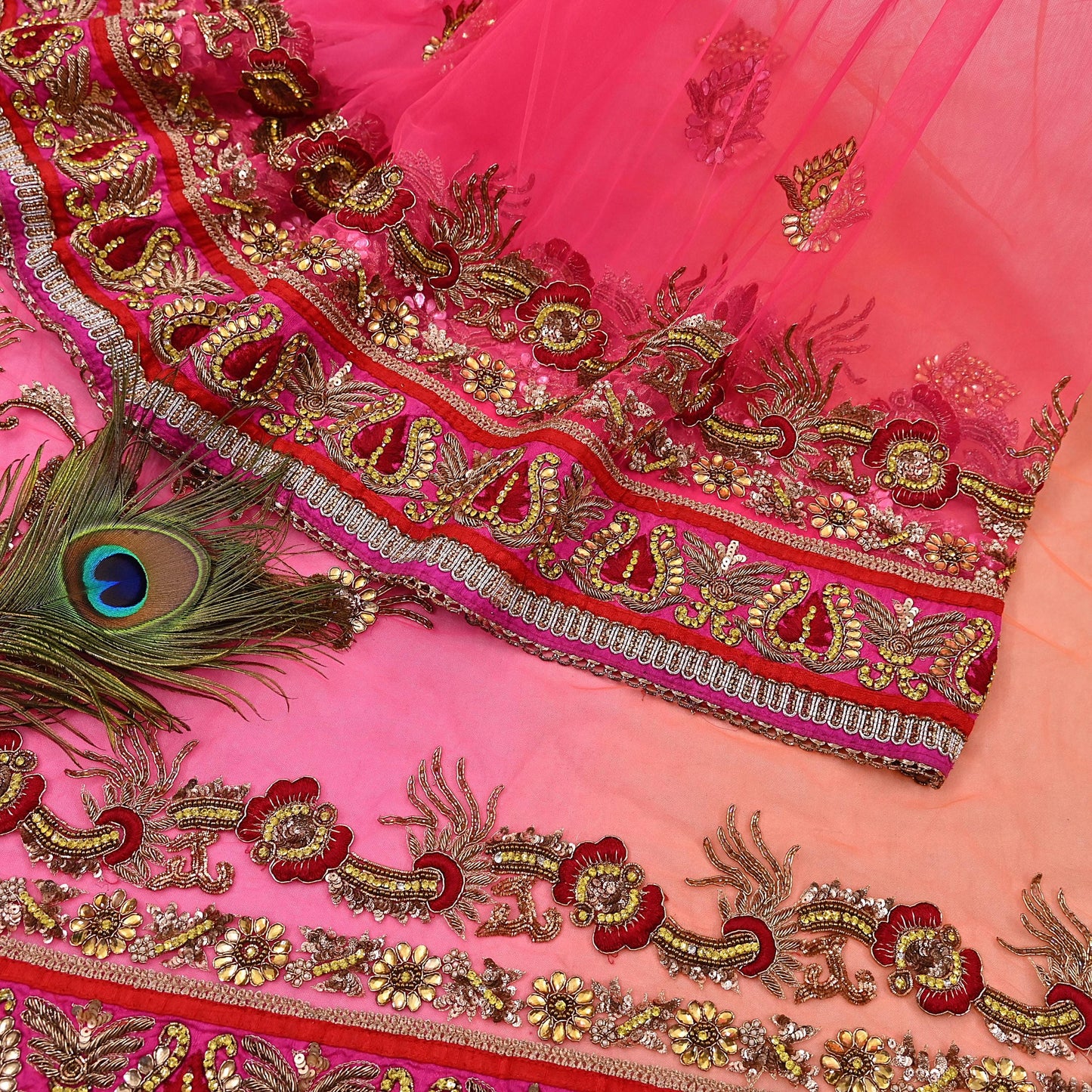 Indian Vintage Sari Pink & Orange Net/Mesh Hand Embroidered Designer Manish Malhotra Sarees 5Yd Ethnic Zardozi/Dabka Zari Wedding Saree