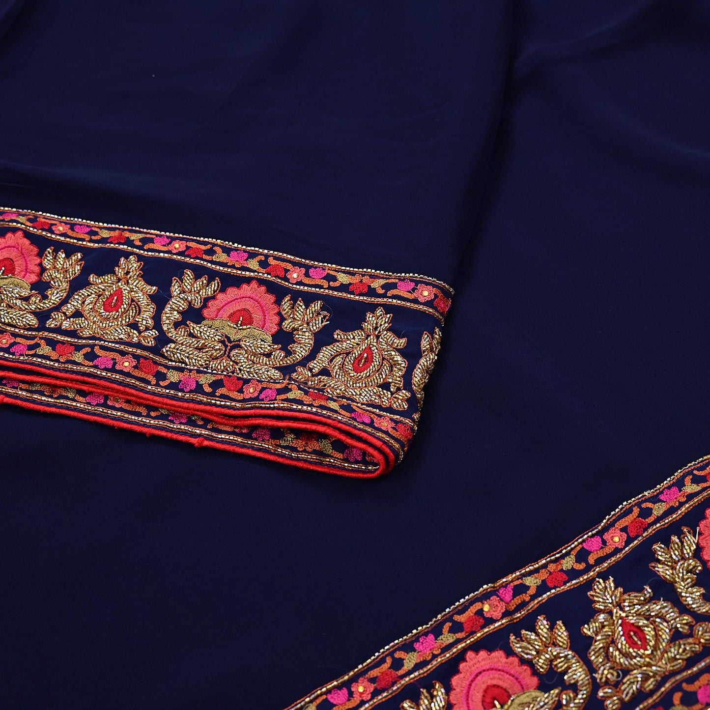 Rare Vintage Blue Pure Georgette Silk Saree Hand Embroidered Designer Abu Jani Sari 5.5 Yard Bollywood Party Wear with Blouse fabric