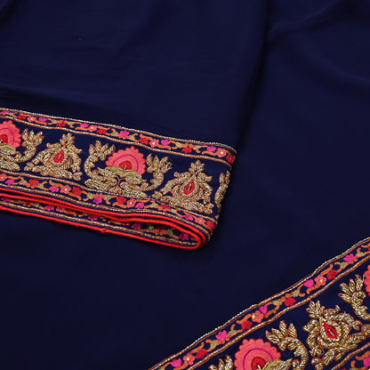 Rare Vintage Blue Pure Georgette Silk Saree Hand Embroidered Designer Abu Jani Sari 5.5 Yard Bollywood Party Wear with Blouse fabric