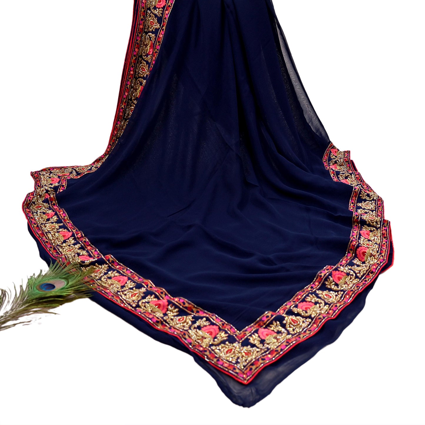 Rare Vintage Blue Pure Georgette Silk Saree Hand Embroidered Designer Abu Jani Sari 5.5 Yard Bollywood Party Wear with Blouse fabric