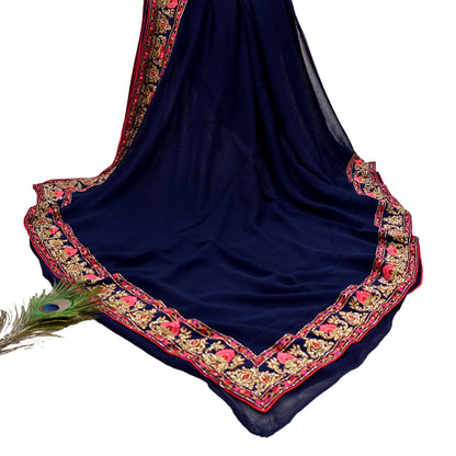 Rare Vintage Blue Pure Georgette Silk Saree Hand Embroidered Designer Abu Jani Sari 5.5 Yard Bollywood Party Wear with Blouse fabric