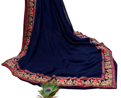 Rare Vintage Blue Pure Georgette Silk Saree Hand Embroidered Designer Abu Jani Sari 5.5 Yard Bollywood Party Wear with Blouse fabric