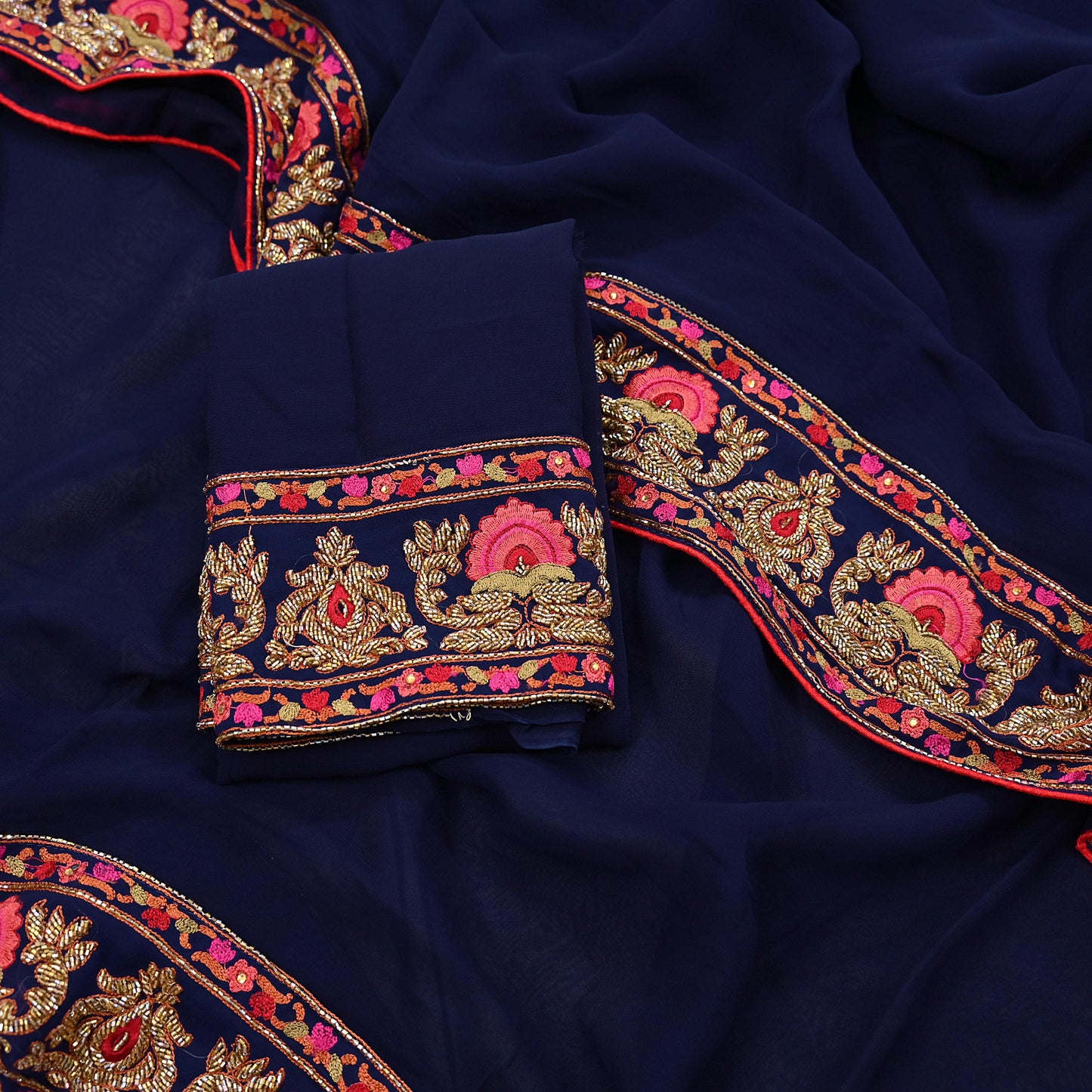 Rare Vintage Blue Pure Georgette Silk Saree Hand Embroidered Designer Abu Jani Sari 5.5 Yard Bollywood Party Wear with Blouse fabric