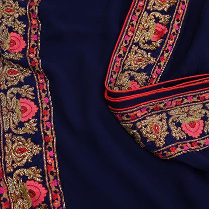 Rare Vintage Blue Pure Georgette Silk Saree Hand Embroidered Designer Abu Jani Sari 5.5 Yard Bollywood Party Wear with Blouse fabric