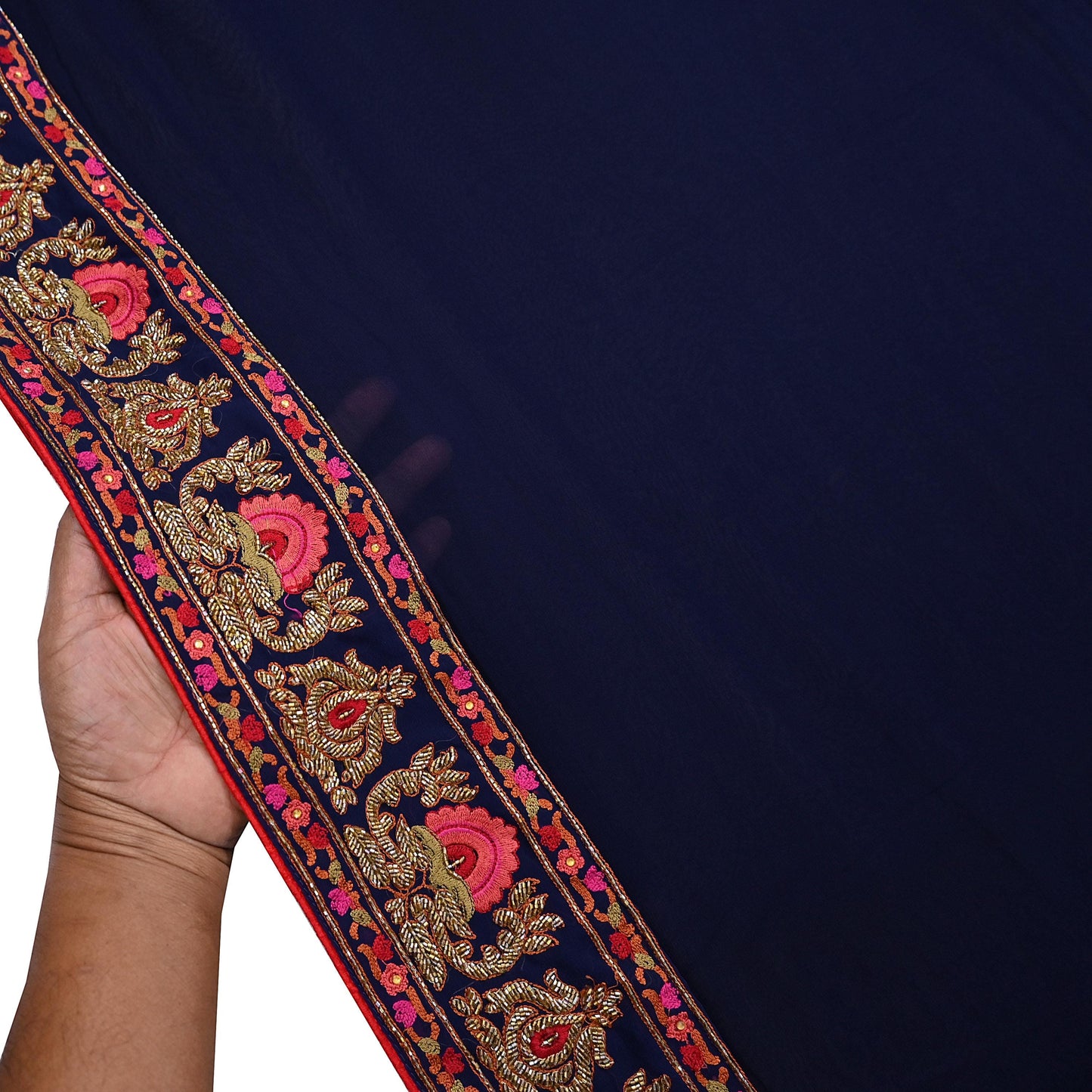 Rare Vintage Blue Pure Georgette Silk Saree Hand Embroidered Designer Abu Jani Sari 5.5 Yard Bollywood Party Wear with Blouse fabric