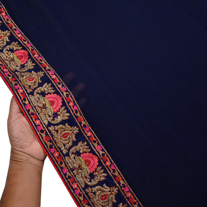 Rare Vintage Blue Pure Georgette Silk Saree Hand Embroidered Designer Abu Jani Sari 5.5 Yard Bollywood Party Wear with Blouse fabric