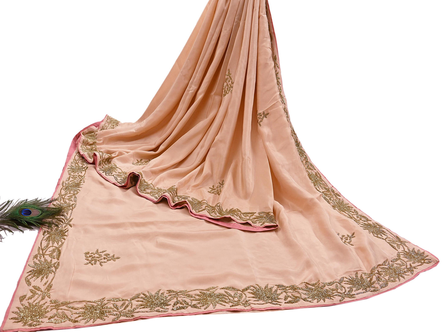 Rare Vintage Peach Pure Silk Saree Hand Embroidered Fabric 5.5 Yards Sari Bollywood Party Wear Ethnic Designer Saree
