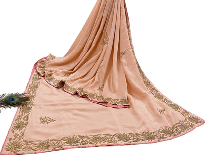 Rare Vintage Peach Pure Silk Saree Hand Embroidered Fabric 5.5 Yards Sari Bollywood Party Wear Ethnic Designer Saree