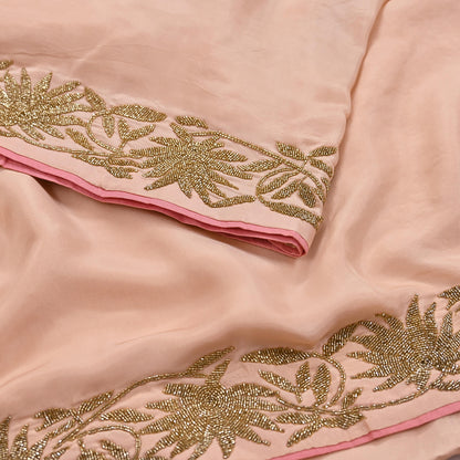Rare Vintage Peach Pure Silk Saree Hand Embroidered Fabric 5.5 Yards Sari Bollywood Party Wear Ethnic Designer Saree