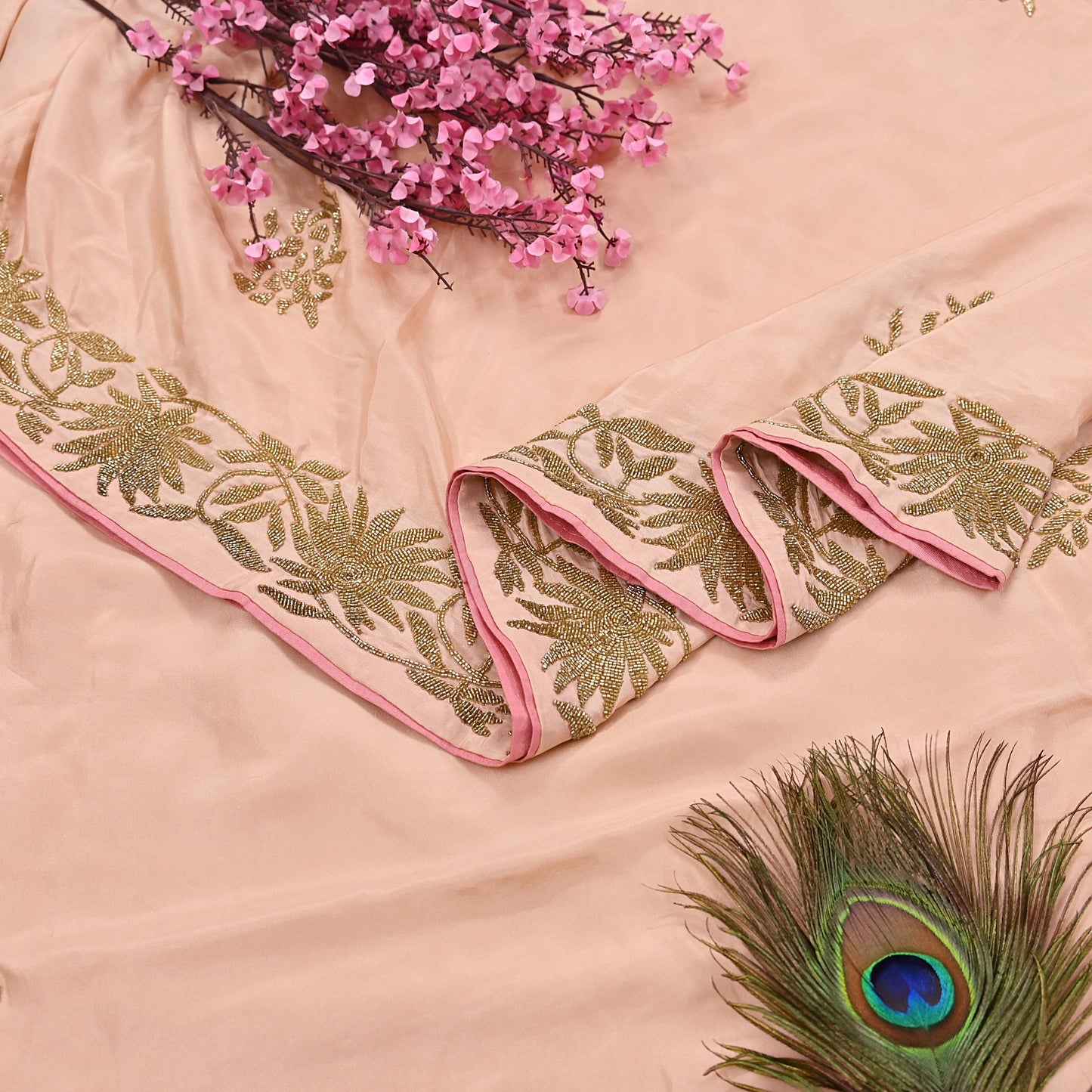Rare Vintage Peach Pure Silk Saree Hand Embroidered Fabric 5.5 Yards Sari Bollywood Party Wear Ethnic Designer Saree