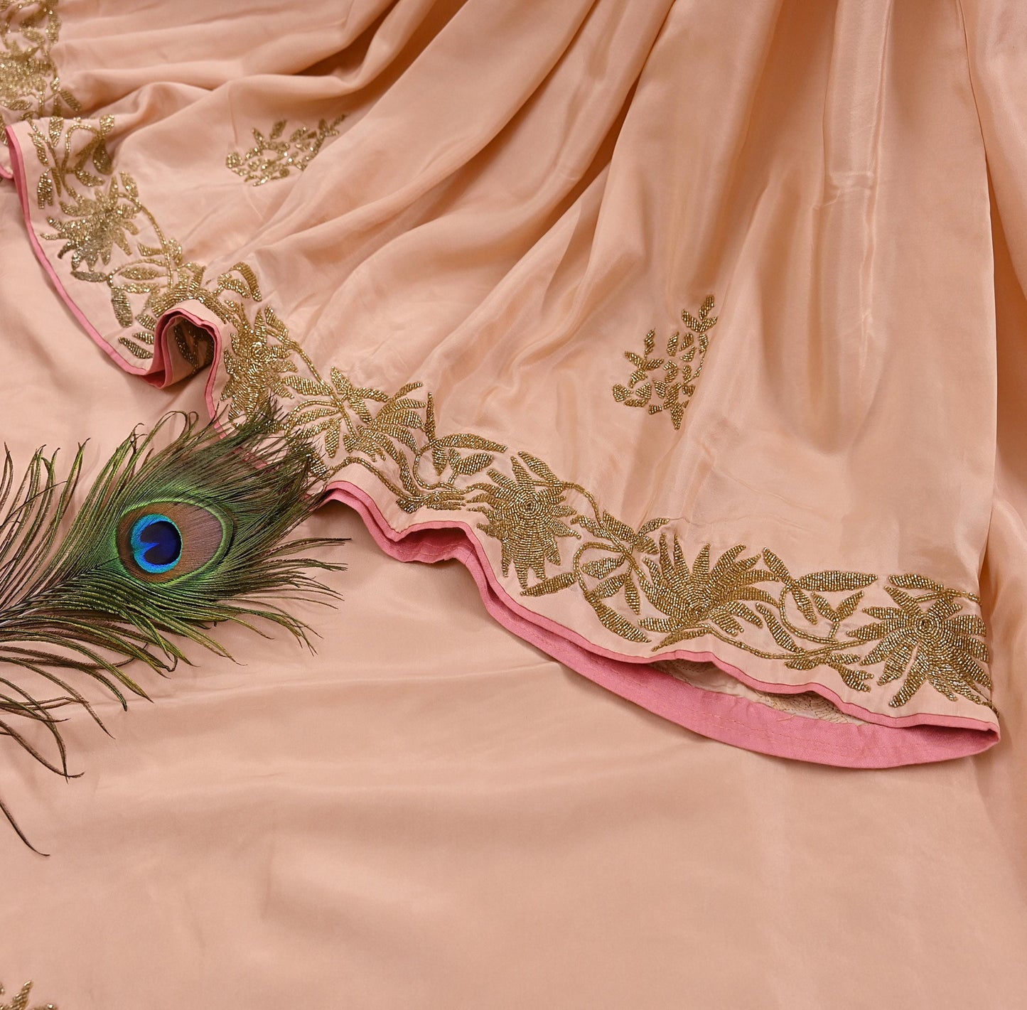 Rare Vintage Peach Pure Silk Saree Hand Embroidered Fabric 5.5 Yards Sari Bollywood Party Wear Ethnic Designer Saree