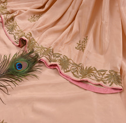 Rare Vintage Peach Pure Silk Saree Hand Embroidered Fabric 5.5 Yards Sari Bollywood Party Wear Ethnic Designer Saree