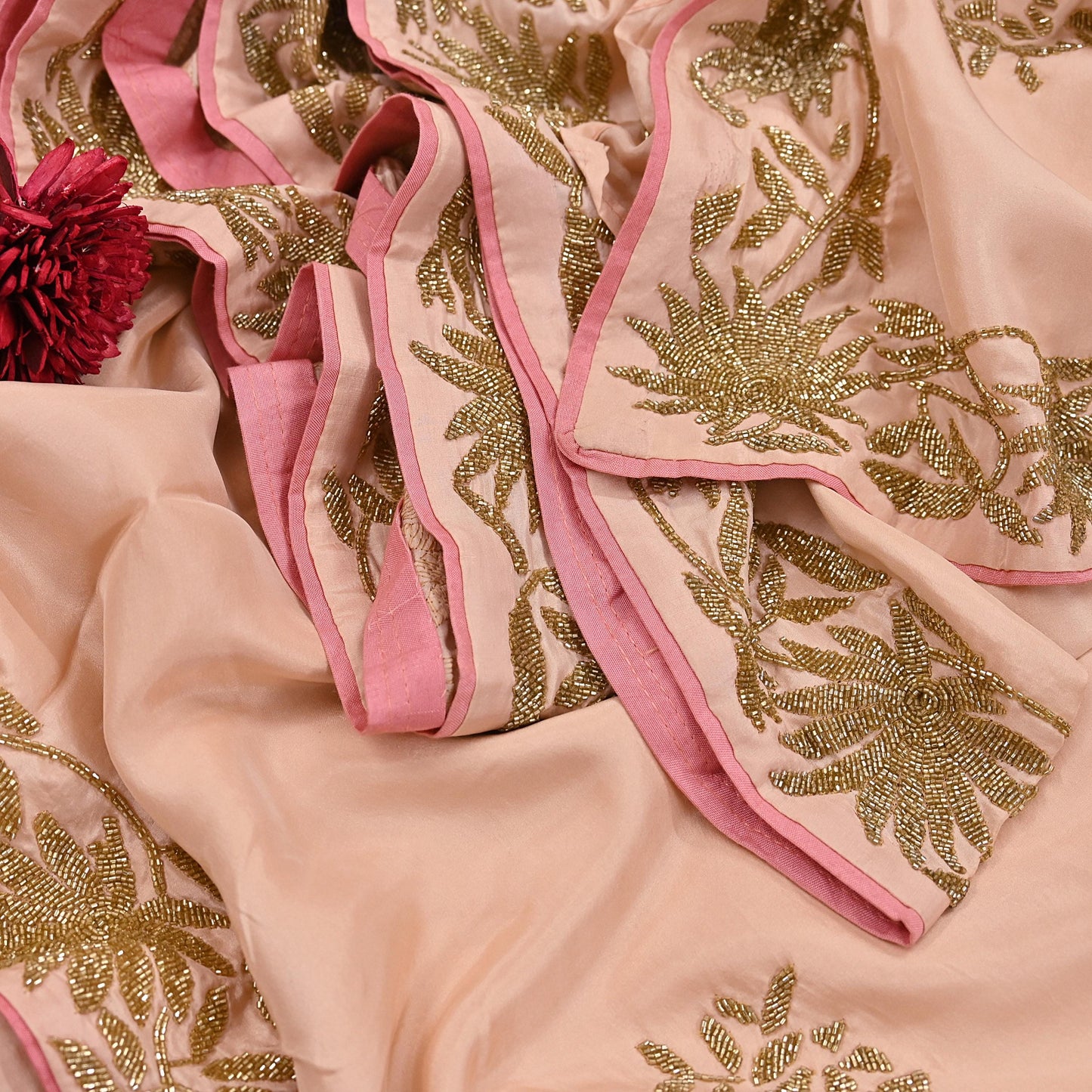 Rare Vintage Peach Pure Silk Saree Hand Embroidered Fabric 5.5 Yards Sari Bollywood Party Wear Ethnic Designer Saree