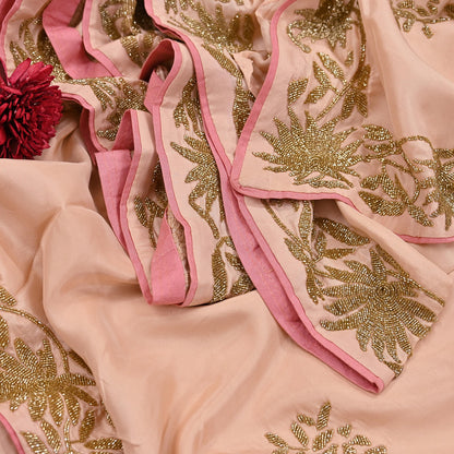 Rare Vintage Peach Pure Silk Saree Hand Embroidered Fabric 5.5 Yards Sari Bollywood Party Wear Ethnic Designer Saree