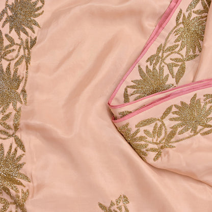 Rare Vintage Peach Pure Silk Saree Hand Embroidered Fabric 5.5 Yards Sari Bollywood Party Wear Ethnic Designer Saree