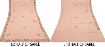 Rare Vintage Peach Pure Silk Saree Hand Embroidered Fabric 5.5 Yards Sari Bollywood Party Wear Ethnic Designer Saree