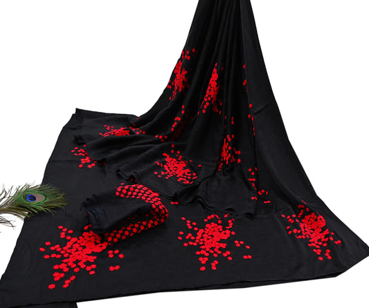 Rare Vintage Black Pure Satin Silk Saree Hand Embroidered Designer Abu Jani Sari 5.5 Yard Bollywood Party Wear with Blouse fabric