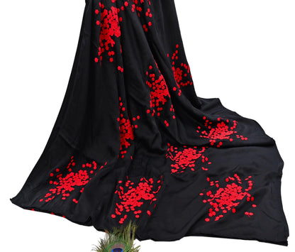 Rare Vintage Black Pure Satin Silk Saree Hand Embroidered Designer Abu Jani Sari 5.5 Yard Bollywood Party Wear with Blouse fabric