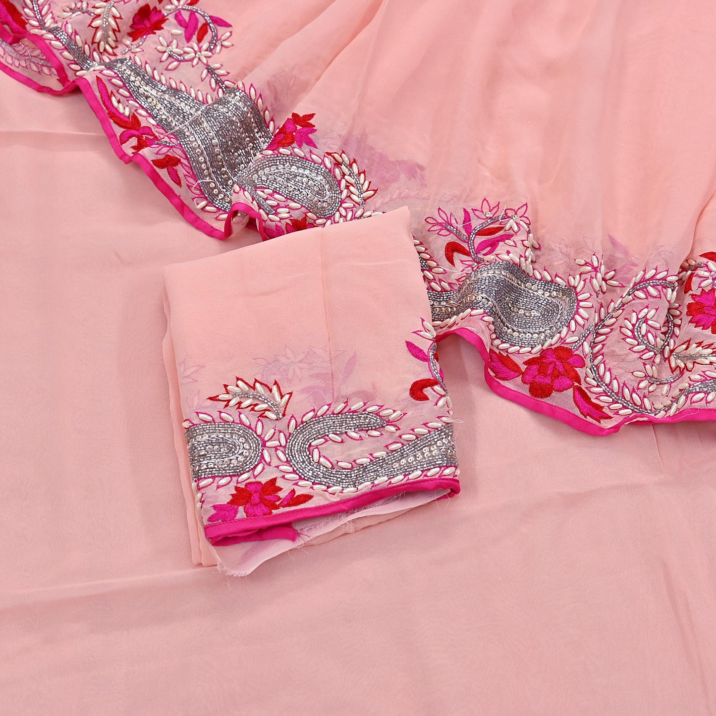 Rare Peach Pure Georgette Silk Saree Zardozi Hand Embroidered Designer Sabyasachi Sari 5.5 Yard Bollywood Party Wear with Blouse Fabric