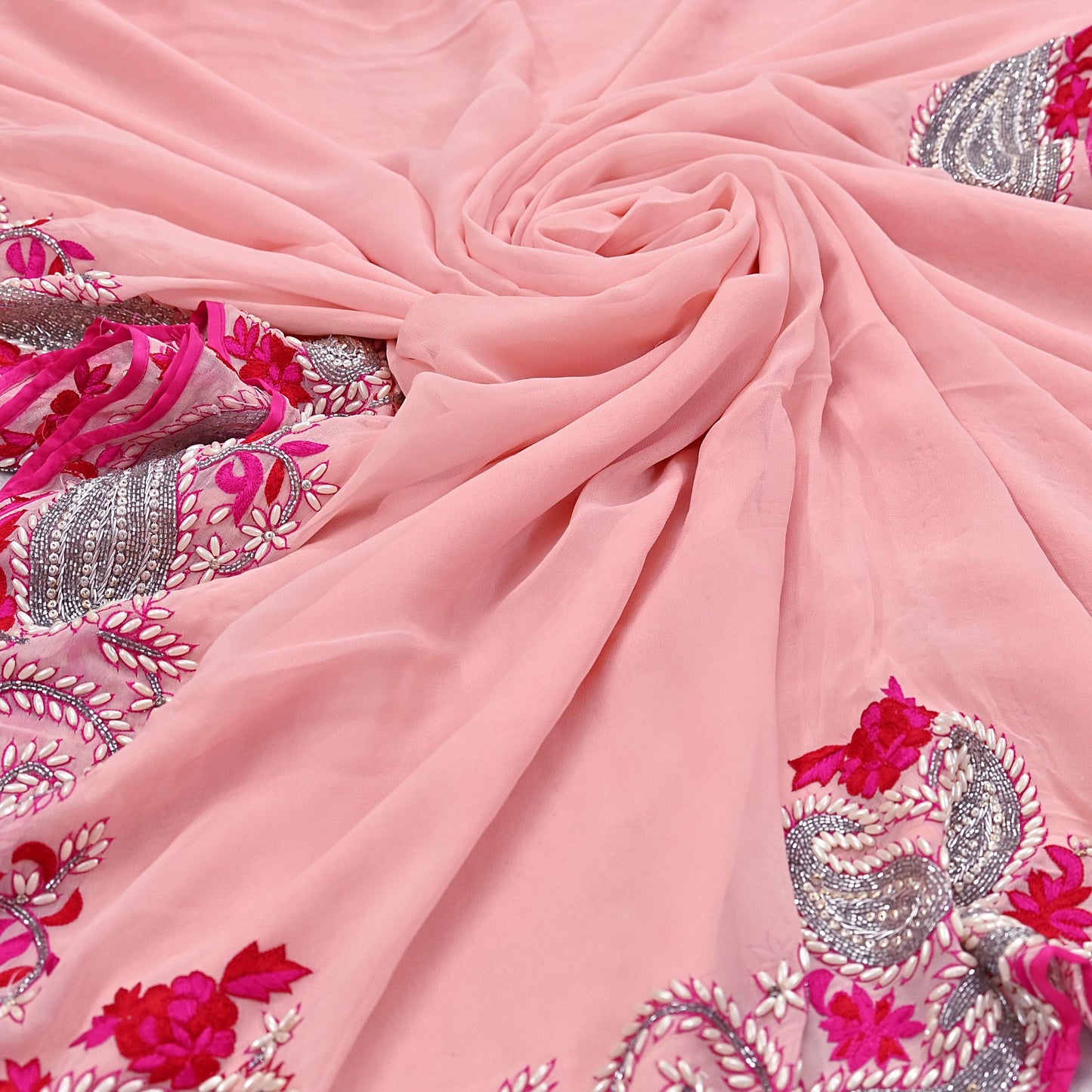 Rare Peach Pure Georgette Silk Saree Zardozi Hand Embroidered Designer Sabyasachi Sari 5.5 Yard Bollywood Party Wear with Blouse Fabric