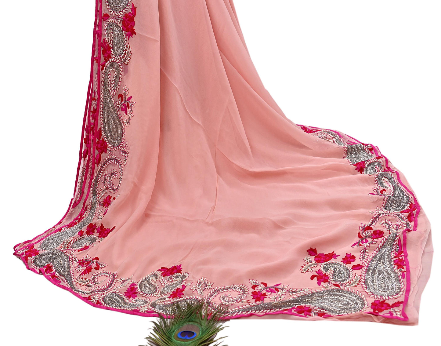 Rare Peach Pure Georgette Silk Saree Zardozi Hand Embroidered Designer Sabyasachi Sari 5.5 Yard Bollywood Party Wear with Blouse Fabric