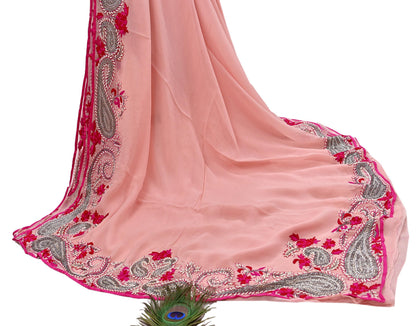 Rare Peach Pure Georgette Silk Saree Zardozi Hand Embroidered Designer Sabyasachi Sari 5.5 Yard Bollywood Party Wear with Blouse Fabric